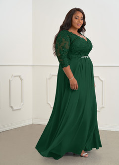 Azazie Hayek Kleider für die Brautmutter A-Linie V-Hals Spitze Chiffon Kleid Dunkelgrün image8