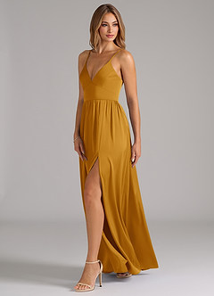 Azazie Aaida Robes de demoiselle d'honneur Robe Trapèze en Satin extensible Corset Caramel écossais image3