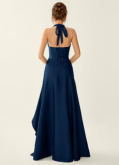 Titania Navy Satin V-neck Ruffled Prom Dress image2