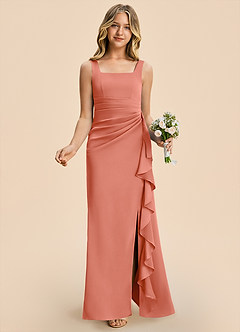 Azazie Adrienne Junior Salmon Pink Sheath Pleated Stretch Satin Dress image4