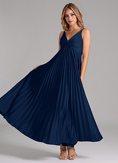 Azazie Raychelle Vestidos de damas de honor Vestido de Azul Marino Oscuro de Satén Elástico de Corte en A con Plisado image2