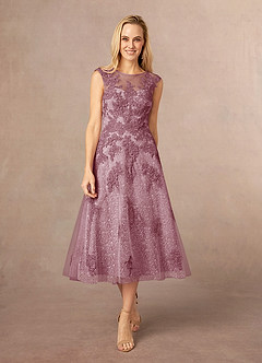 Azazie Flynn vestidos de madre de la novia Vestido de Malva Vintage de Tul de Corte En A con Cuello barco encaje image1