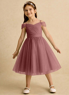 Azazie Lila Girls Formal Robe Demoiselle D'honneur Fillette Robe Trapèze en Tulle Épaule décolletée Rose Du Désert image3