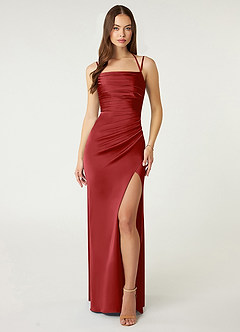 Azazie Desi Bridesmaid Dresses Pomegranate Sheath Halter Corset Stretch Satin Dress image1