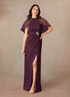 Azazie Draga Mother of the Bride Dresses Berry Sheath Pleated Metallic Mesh Dress image1