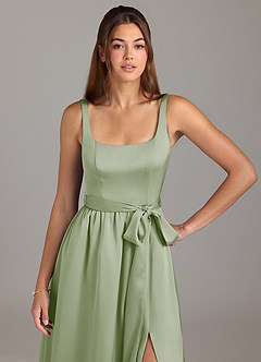 Azazie Elliott Robes de demoiselle d'honneur Robe Trapèze en Satin extensible avec poches Vert Sauge image2