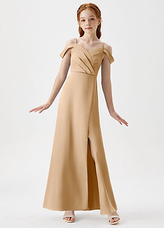 Azazie Ocean Junior Gold A-Line Off the Shoulder Stretch Satin Dress image1
