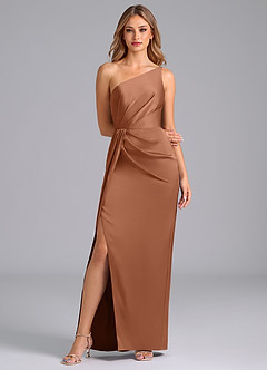 Azazie Naria Final Sale Bronzer Sheath One Shoulder Stretch Satin Dress image3