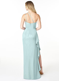 Azazie Latrice Bridesmaid Dresses Sea Glass Sheath One Shoulder Cascading Ruffles Stretch Satin Dress image2