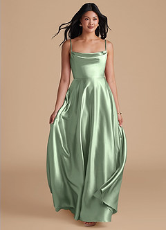 Azazie Elle Bridesmaid Dresses Matcha A-Line with Pockets Metallic Satin Dress image5