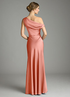 Azazie Emerson Bridesmaid Dresses Coral Mermaid Off the Shoulder Stretch Satin Dress image2