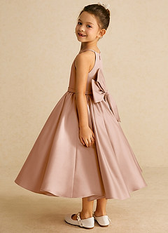 Azazie Sunray Robe Demoiselle D'honneur Fillette Robe Trapèze en Mat Satiné Bretelle Spaghetti Champagne Rosé image4