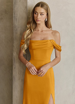 Azazie Saige Bridesmaid Dresses Butterscotch Sheath Off the Shoulder Stretch Satin Dress image2