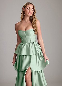 Azazie Faye Bridesmaid Dresses Agave A-Line Ruched Stretch Satin Dress image5