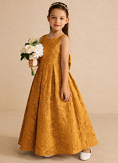 Azazie Pipssy Robe Demoiselle D'honneur Fillette Robe Trapèze en Blumen-Burnout Plissé Caramel écossais image2