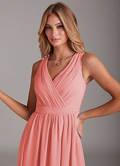 Azazie Kingsley Bridesmaid Dresses Coral A-Line Lace Chiffon Dress image6