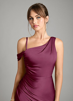 Azazie Madelyn Vestidos de damas de honor Vestido de Mora de Satén Elástico de Corte Sirena Convertible con Hombro unilateral image3