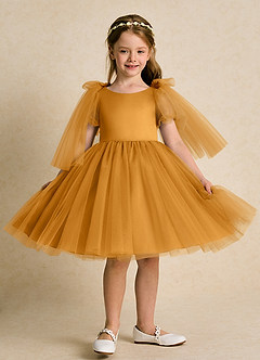 Azazie Duchess Flower Girl Dresses Butterscotch A-Line with Sleeves Tulle Dress image5