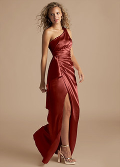 Azazie Maive Bridesmaid Dresses Terracotta Sheath Ruched Metallic Satin Dress image5