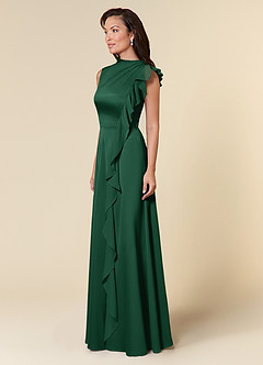 Azazie Narine Mother of the Bride Dresses Dark Green A-Line High Neckline Pleated Stretch Satin Dress image2