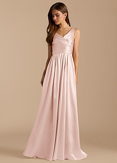 Azazie Keyla Bridesmaid Dresses Blushing Pink A-Line Pleated Metallic Satin Dress image3