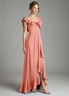 Azazie Lyra Bridesmaid Dresses Coral A-Line Off the Shoulder Stretch Satin Convertible Dress image5