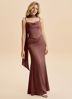 Azazie Sorrel Junior Abito Sirena in Raso Elasticizzato Drappeggiato Espresso image1