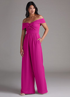 Azazie Lamara Robes de demoiselle d'honneur Combinaison Convertible en Mousseline de soie Épaule décolletée Fuchsia image4