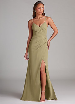 Azazie Maci Bridesmaid Dresses Moss Green Sheath Pleated Chiffon Dress image1