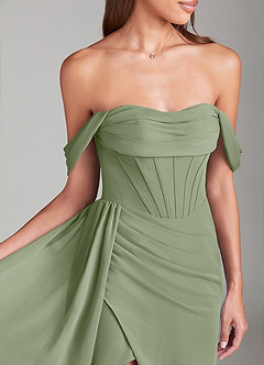 Azazie Amyra Vestidos de damas de honor Vestido Pistacho de Gasa de Corte Recto Convertible con Hombros descubiertos image5