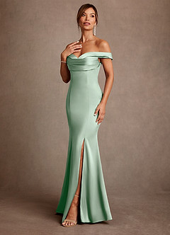 Azazie Boone Mother of the Bride Dresses Agave Mermaid Off the Shoulder Stretch Satin Dress image4