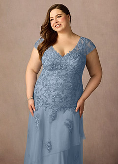 Azazie Romy vestidos de madre de la novia Vestido de Azul Polvoriento de Tul de Sirena con Cuello en V Lentejuelas image11
