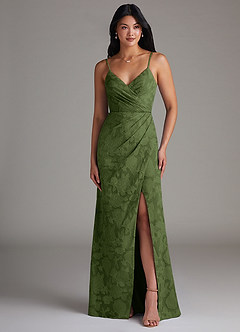 Azazie Maci Bridesmaid Dresses Olive Sheath Pleated Floral Burnout Dress image3