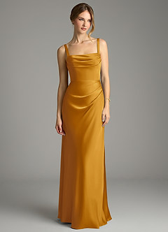 Azazie Alouette Bridesmaid Dresses Butterscotch Mermaid Pleated Stretch Satin Dress image3