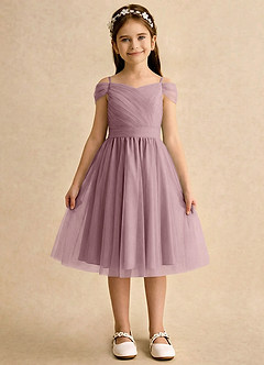 Azazie Lila Girls Formal Flower Girl Dresses Dusty Rose A-Line Off the Shoulder Tulle Dress image1