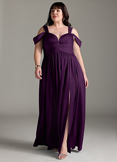 Azazie Lianne Bridesmaid Dresses Grape A-Line Off the Shoulder Stretch Satin Dress image11