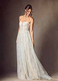 Azazie Lorena Wedding Dresses Diamond White Champagne A-Line Strapless Lace Dress image6
