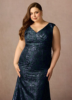 Azazie Elanor Mother of the Bride Dresses Dark Navy Mermaid Pleated Jacquard 1 Dress image7