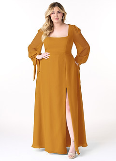 Azazie Leonia Bridesmaid Dresses Butterscotch A-Line Long Sleeve Chiffon Dress image11