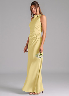 Azazie Evadne Bridesmaid Dresses Lemon Sorbet A-Line Pleated Stretch Satin Dress image1