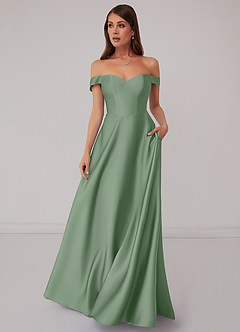 Barbie ♥ Azazie Bridesmaid Dresses Matcha A-Line Off the Shoulder Stretch Satin Convertible Dress image2