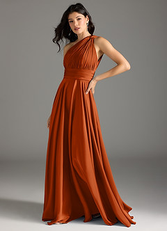 Azazie Charlize Bridesmaid Dresses Burnt Orange A-Line One Shoulder Stretch Satin Dress image4