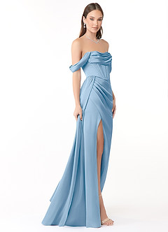 Azazie Amyra Jurken voor bruidsmeisjes Converteerbaar Jurk van Stretch Satijn met Zeemeermin Off the Shoulder Poederblauw image4