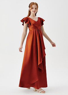 Azazie Omari Junior Paprika A-Line Pleated Metallic Satin Dress image5