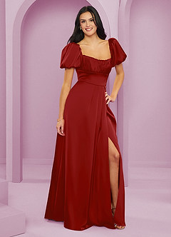 Barbie ♥ Azazie Bridesmaid Dresses Pomegranate A-Line Ruched Stretch Satin Dress image4
