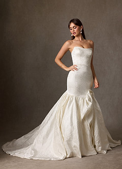 Azazie Quinta Wedding Dresses Antique White Mermaid Strapless Floral Jacquard Dress image4