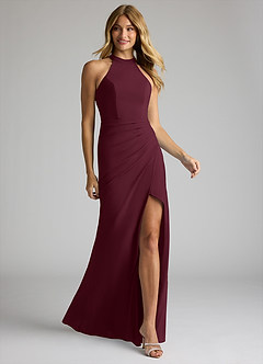 Azazie Galicia Bridesmaid Dresses Cabernet Mermaid Halter Pleated Stretch Chiffon Dress image2