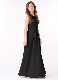 Azazie Bonnie Junior Black A-Line Pleated Chiffon Dress image2