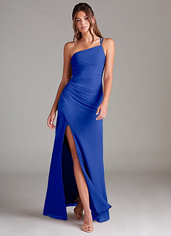 Azazie Eren Vestidos de damas de honor Vestido de Azul Real de Gasa de Corte Recto con Hombro unilateral image1