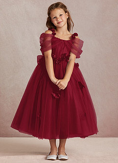 Azazie Shaylee Flower Girl Dresses Burgundy A-Line Off the Shoulder Tulle Dress image1